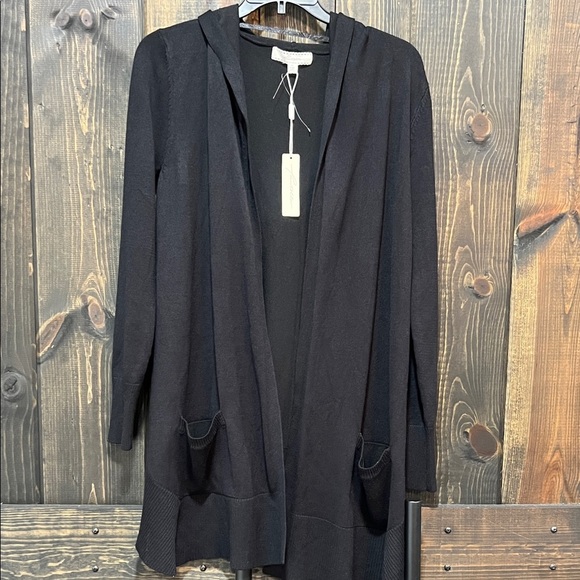 NWT Pointelle Open Cardigan S Black Pockets Hooded Stretch Neutral Boho Cozy - Picture 1 of 9